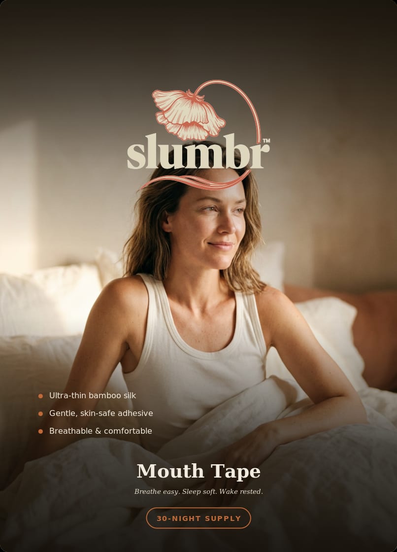 The locked Slumbr Mouth Tape carton — engraved poppy mark over a calm morning portrait, 30-night supply.